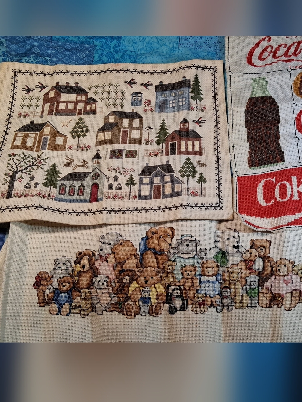 Vintage Hand Stitched Embroidery Set Of 3 ~ Teddy Bear Village & Coca-Cola Plus~